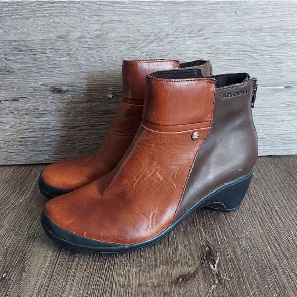 Merrell Veranda 2-tone Brown Leather Back Zip Up Ankle Mid Boots Women's 6.5 - Picture 4 of 10